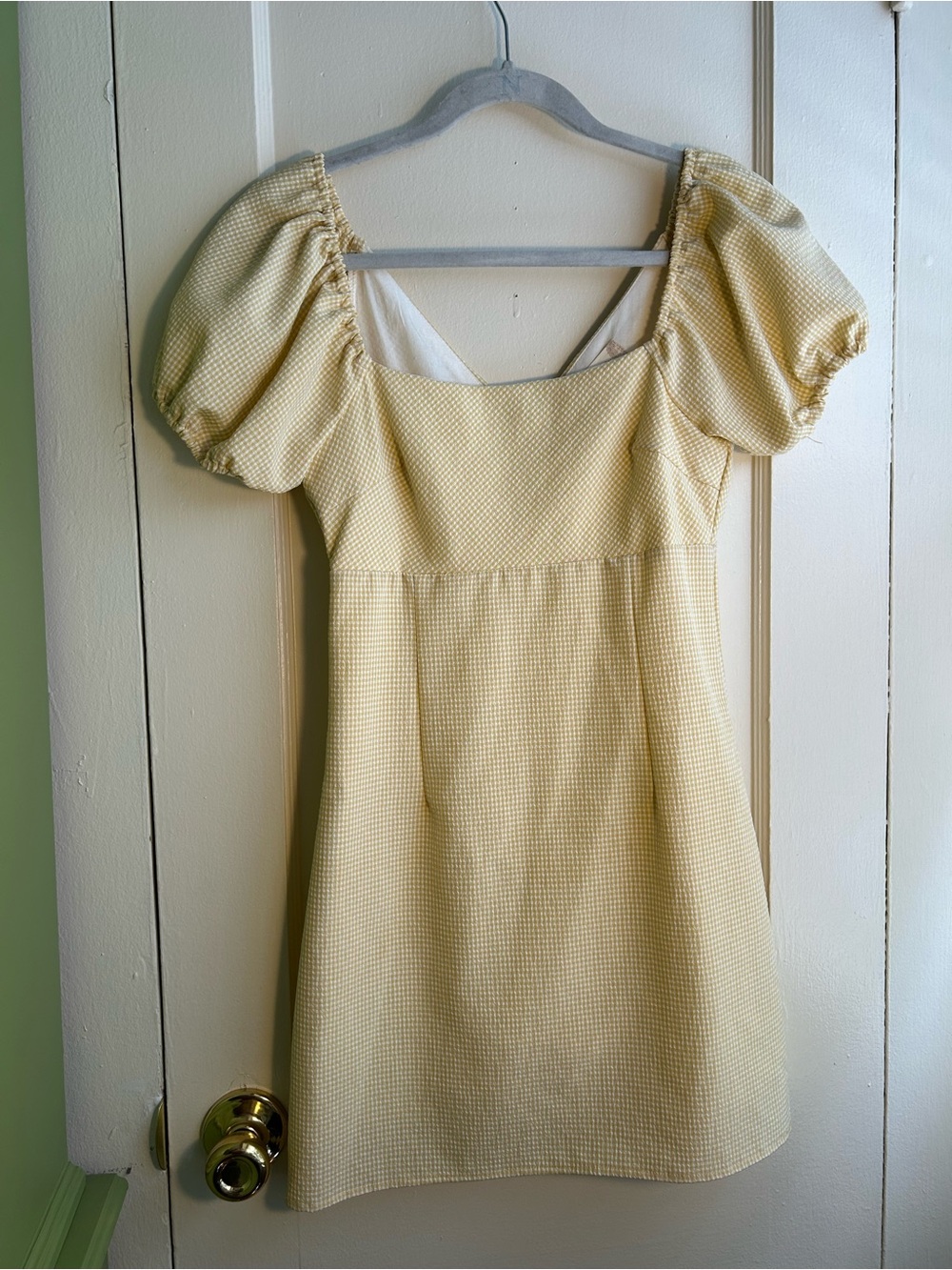 Altar'd State Yellow Gingham Puff Sleeve Mini Dress XS